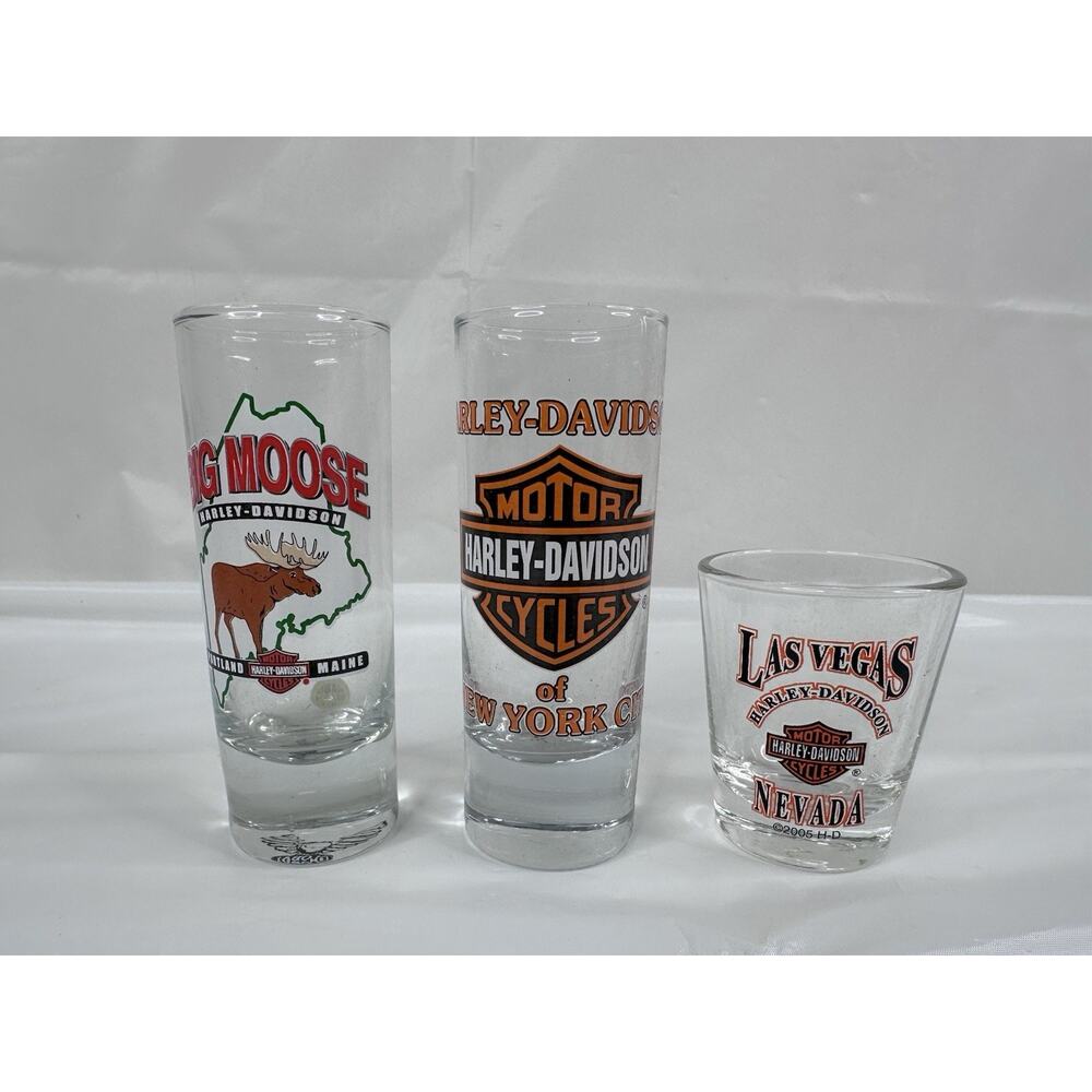 Harley-Davidson 4” Shot Glasses Big Moose New York Las Vegas Lot Of 3